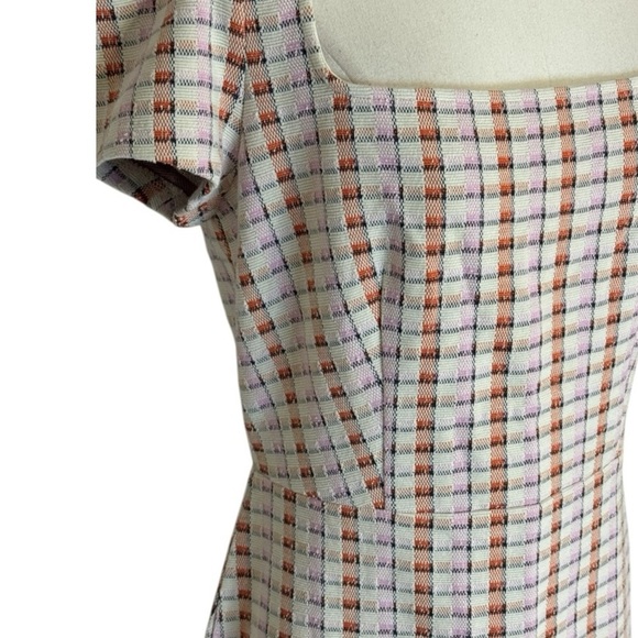 ANN TAYLOR Madras Plaid Puff Sleeve Flare Dress Orange Pink SZ 4 Work Party Mini - Picture 7 of 11